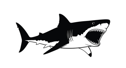 A great white shark with open jaws is depicted in a striking black silhouette great white predator ocean marine sea fish © Laily begum