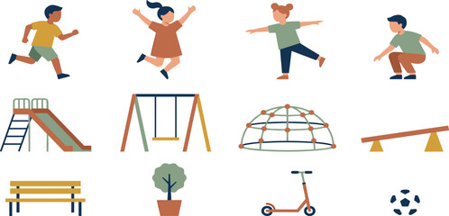 Cute kids playing on playground equipment set with happy diverse children flat vector illustration elements © MDRIFAT