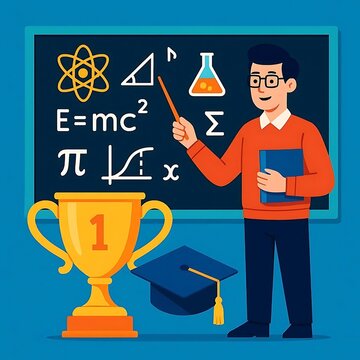 Flat vector illustration of a teacher with a blackboard and trophy for educational banner and classroom poster design