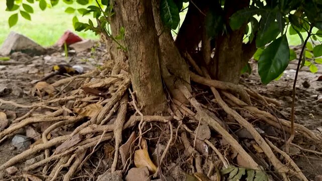 Close up view of tangled tree roots spreading across soil at base of trunk