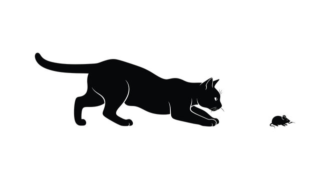 A black cat stalking a mouse depicted as a stark silhouette against a white background silhouette feline mouse rodent predator