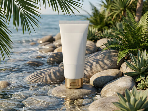 Skincare cream tube on wet rocks by ocean water tropical setting.