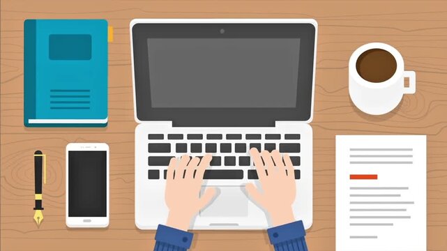 Top View Office Desk Workspace with Laptop and Business Documents Animation
