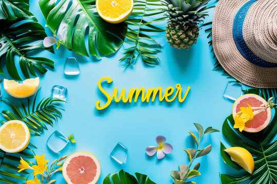 A vibrant flat lay arrangement featuring tropical monstera leaves juicy citrus slices fresh pineapple and a straw hat on a bright blue background text summer