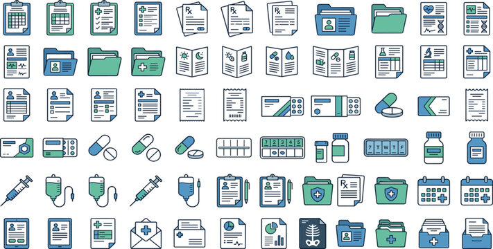Medical record and healthcare document icon set vector illustration with pills and folders