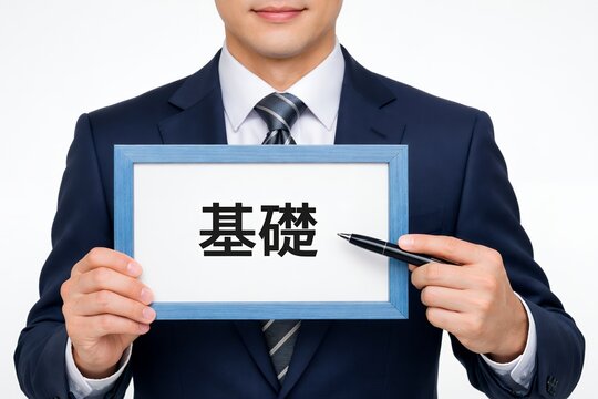 ビジネスの基本「基礎」をペンで指し示す男性