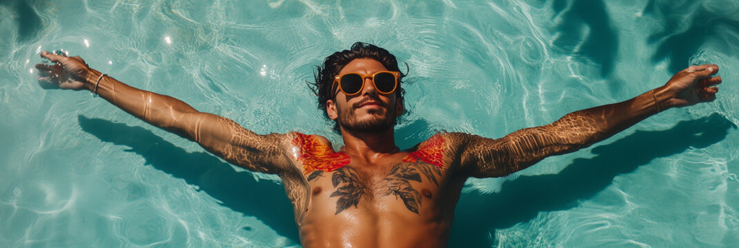 A young shirtless man wearing sunglasses floats happily with outstretched arms on the clear blue water surface of a refreshing swimming pool