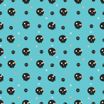 Cute Kawaii Pastel Goth Skull with Flower Seamless Pattern