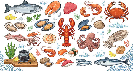 Fresh seafood vector illustration collection featuring salmon steak lobster crab shrimp octopus squid oyster caviar and sushi elements isolated on white background ©  Jahangir
