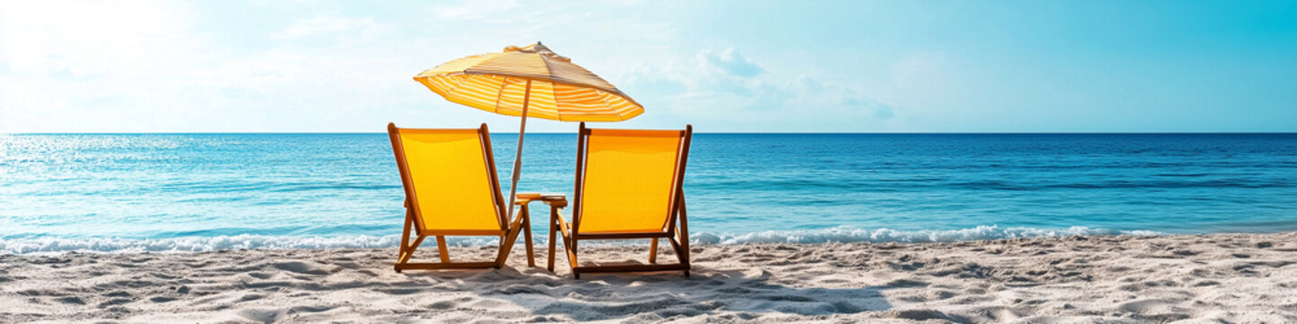 Wide view of two empty orange lounge chairs under a yellow parasol on a sandy shore facing the calm blue ocean