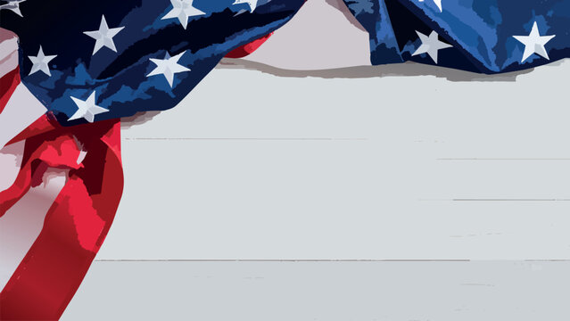 American flag draping white wooden background copy space