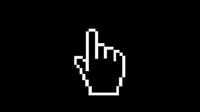 Retro 8-bit pixel art hand pointer, computer mouse cursor ui element isolated on transparent background.