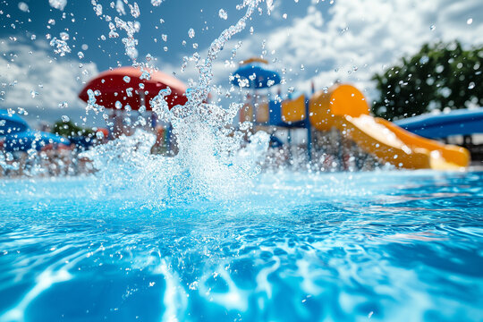 A dynamic close up of water splashing high in a clear blue swimming pool with colourful water slides in the background