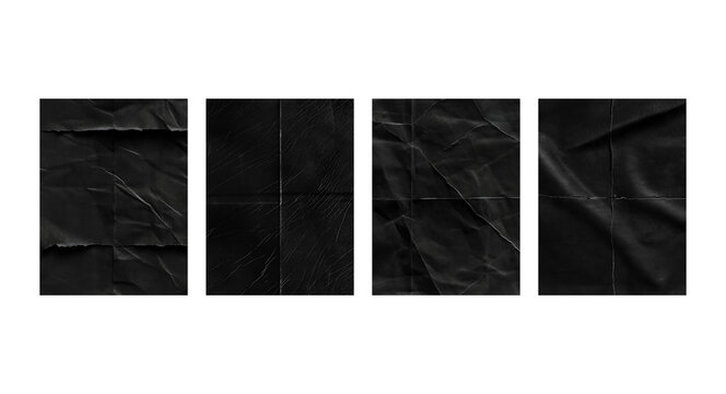 Crumpled black paper texture set, 4 wrinkled poster mockups on white background, dark folded paper sheets with grunge creases and shadows