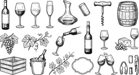 Vintage hand drawn wine vector set featuring bottle glass decanter barrel corkscrew grapes and cheese sketch icons isolated on white background ©  Jahangir