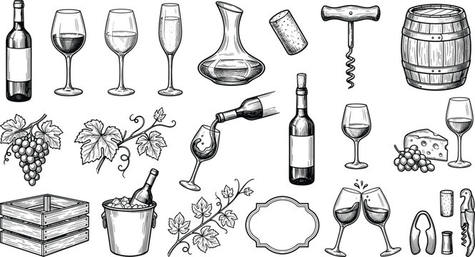 Vintage hand drawn wine vector set featuring bottle glass decanter barrel corkscrew grapes and cheese sketch icons isolated on white background