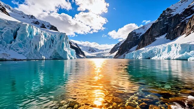 Glacier lake with mountains and blue sky