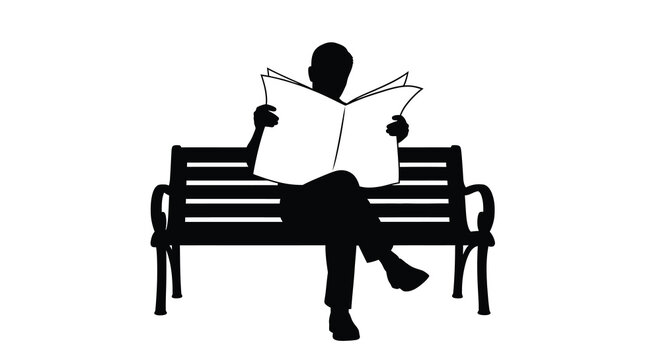 Man reading newspaper on park bench black silhouette against a white background silhouette person reader individual male figure bench seat