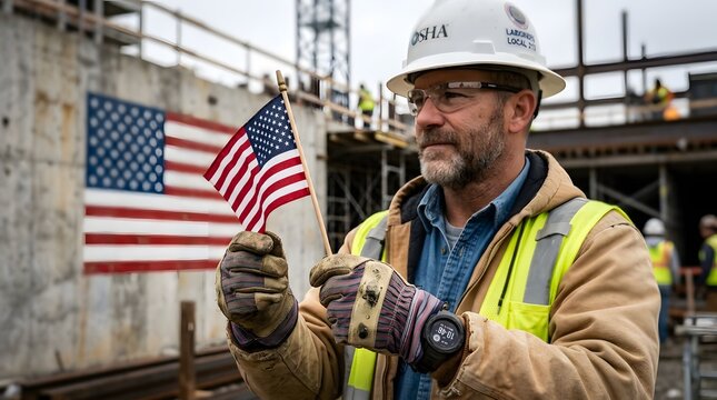 Labor day usa canada construction worker with american flag celebrating workers' holiday