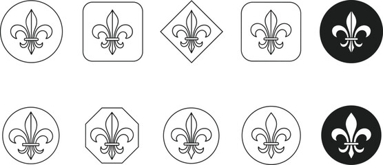 Fleur de lis ornaments in various geometric frames set isolated on transparent background vector shapes. © Emongrapic
