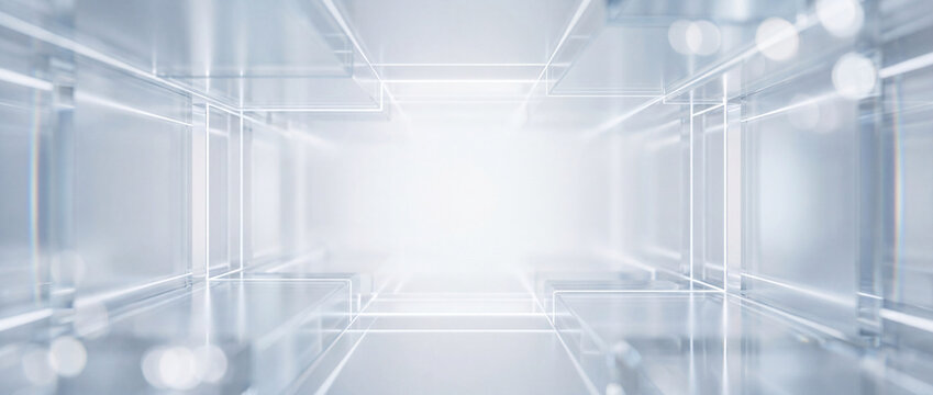 Abstract white high tech glass background featuring a futuristic rendered geometric corridor with glowing neon lines and soft bokeh, ideal for modern digital technology presentations
