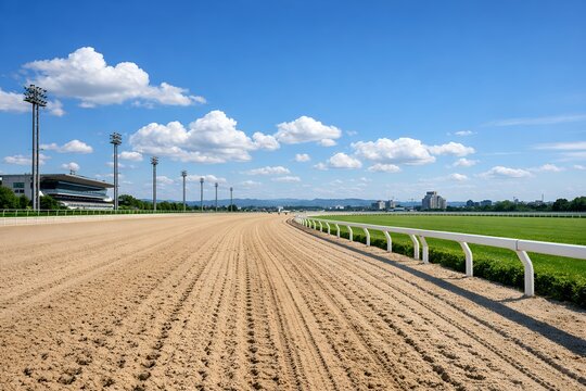 広大な競馬場のダートコースと芝生が青空の下に広がる景観