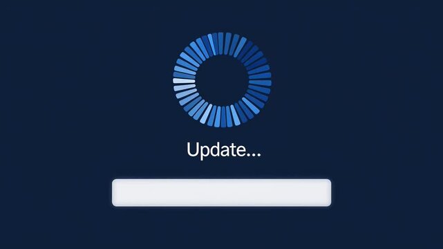 Digital progress bar animation with circular loading icon during system update on dark background