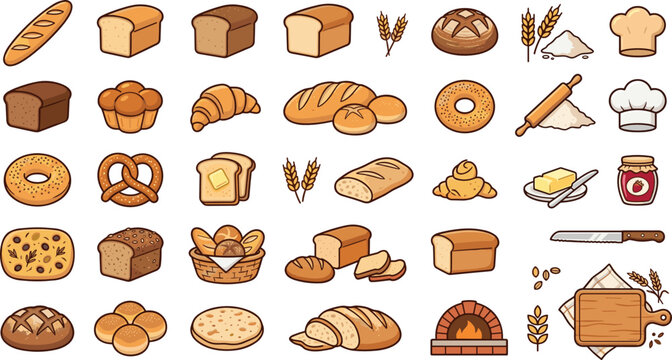 Bakery and bread vector illustration set with fresh loaf baguette croissant pretzel wheat flour pastry and baking icons isolated on white background