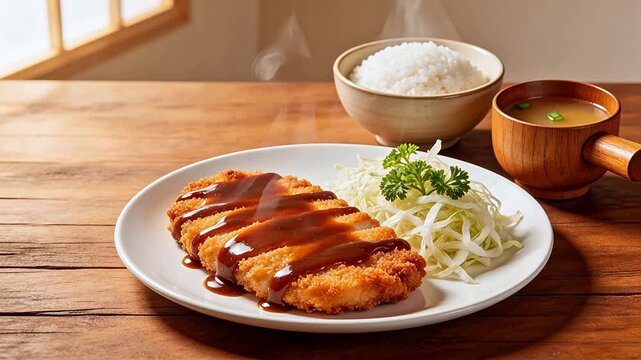 Breaded cutlet with rice and soup