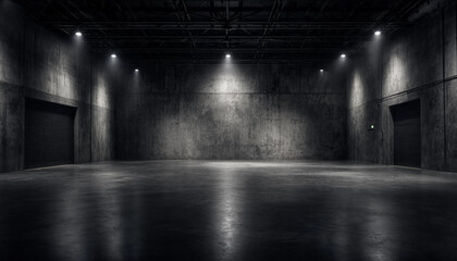Empty dark warehouse interior with concrete walls and dramatic overhead spotlight illumination.