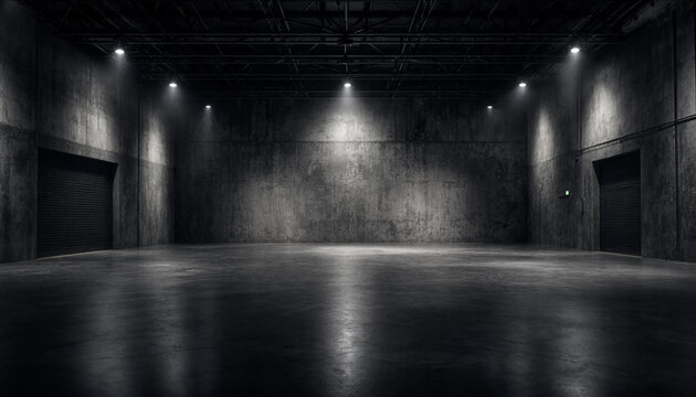 Empty dark warehouse interior with concrete walls and dramatic overhead spotlight illumination.