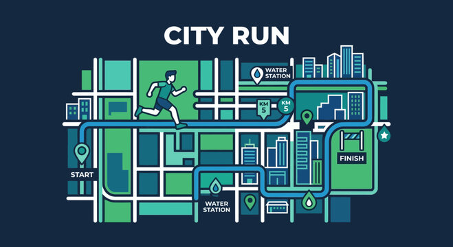 City Run Map Graphic With Runner And Finish Line