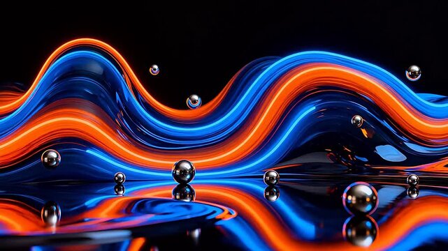 Abstract neon wave with reflective spheres