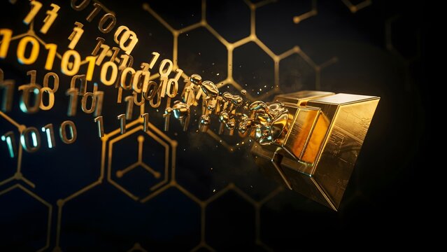 Golden binary digits transmuting into gold bullion &ndash; Great for digital currency transitions, cyber wealth, or online security programs.