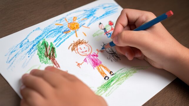 close up of child hands drawing cute colorful family picture with wax crayons on white paper at wooden table creative education artwork concept elementary school lesson arts and crafts at home