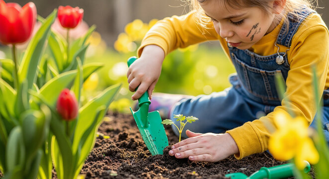 Young girl gardening and planting seedlings surrounded by flowers  