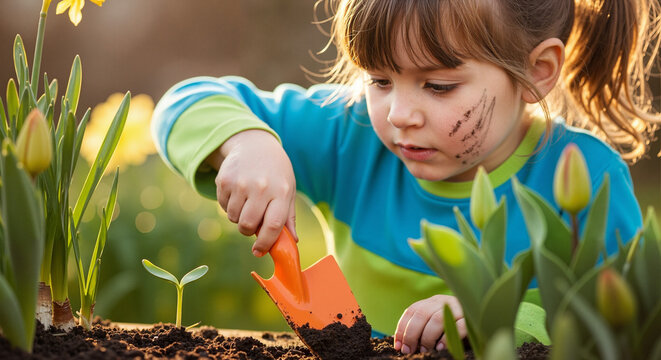 Young girl gardening with small shovel in flowerbed during spring  