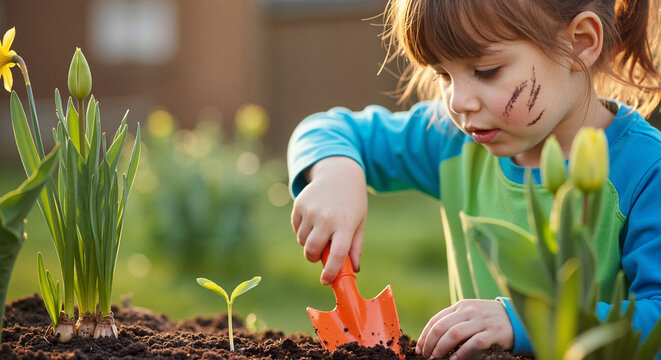 Young girl planting seedlings in garden on sunny day  