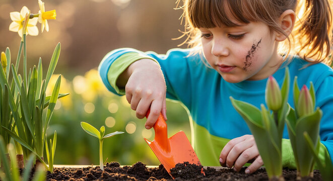 Young girl planting seedlings in garden during sunny spring day  