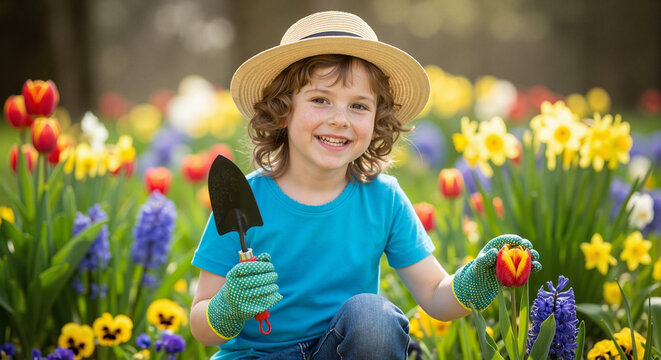 Happy child gardening with trowel among colorful flowers in spring  