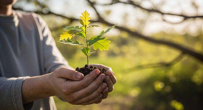 Person holding small oak sapling in hands outdoors under sunlight  