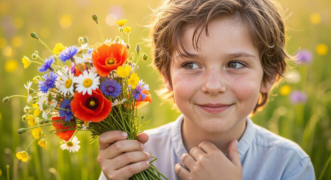 Young boy smiling while holding a bouquet of wildflowers in field  