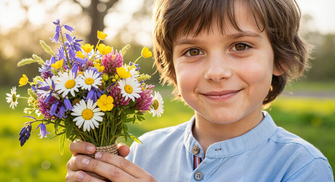 Young boy smiling while holding a bouquet of wildflowers outdoors  