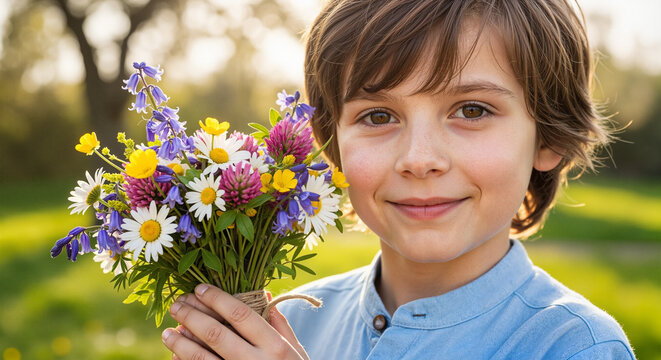 Young boy smiling while holding a bouquet of wildflowers outdoors  