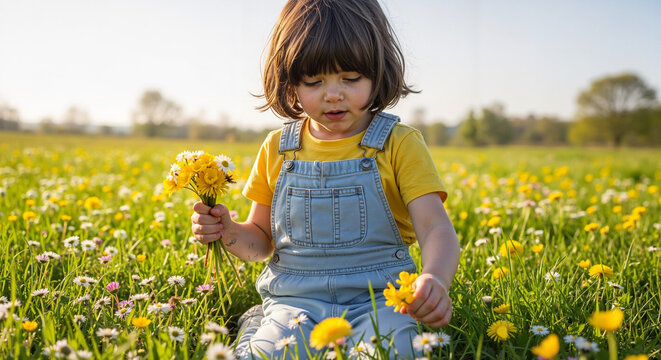 Young girl sitting on grass field picking flowers in springtime  