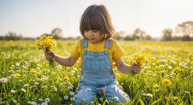 Young girl sitting in flower field and holding yellow blossoms  