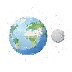 Fototapeta premium Cute watercolor style illustration of planet Earth and the Moon floating in space surrounded by stars. Vector isolated on white background.