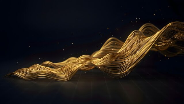 Luminous golden line wave with drifting motes &ndash; Ideal for asset management firms, financial consulting banners, or corporate retirement templates.