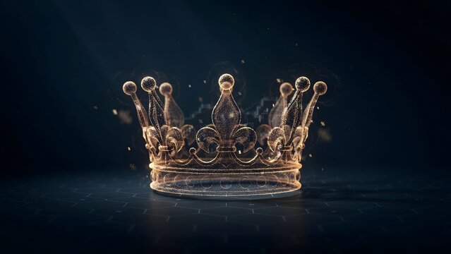 Golden data particle crown with orbiting digits &ndash; Ideal for cryptocurrency governance models, decentralized autonomous organizations (DAOs), or tech leadership.