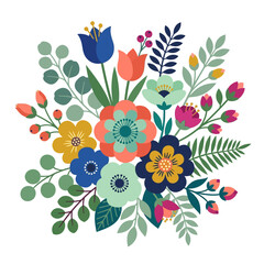 Folk art floral bouquet vector, colorful scandinavian style flower arrangement, botanical garden blossoms and leaves for greeting cards isolated on White Background Editable EPS © Md Shaikh Farid
